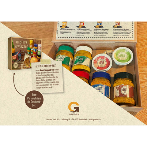 Aebi's Geschenk Box mit 5 Gewürzen, 1 Bratensauce, 2 Bouillons | Réka wein&mehr