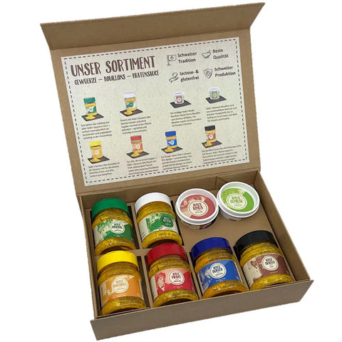 Aebi's Geschenk Box mit 5 Gewürzen, 1 Bratensauce, 2 Bouillons